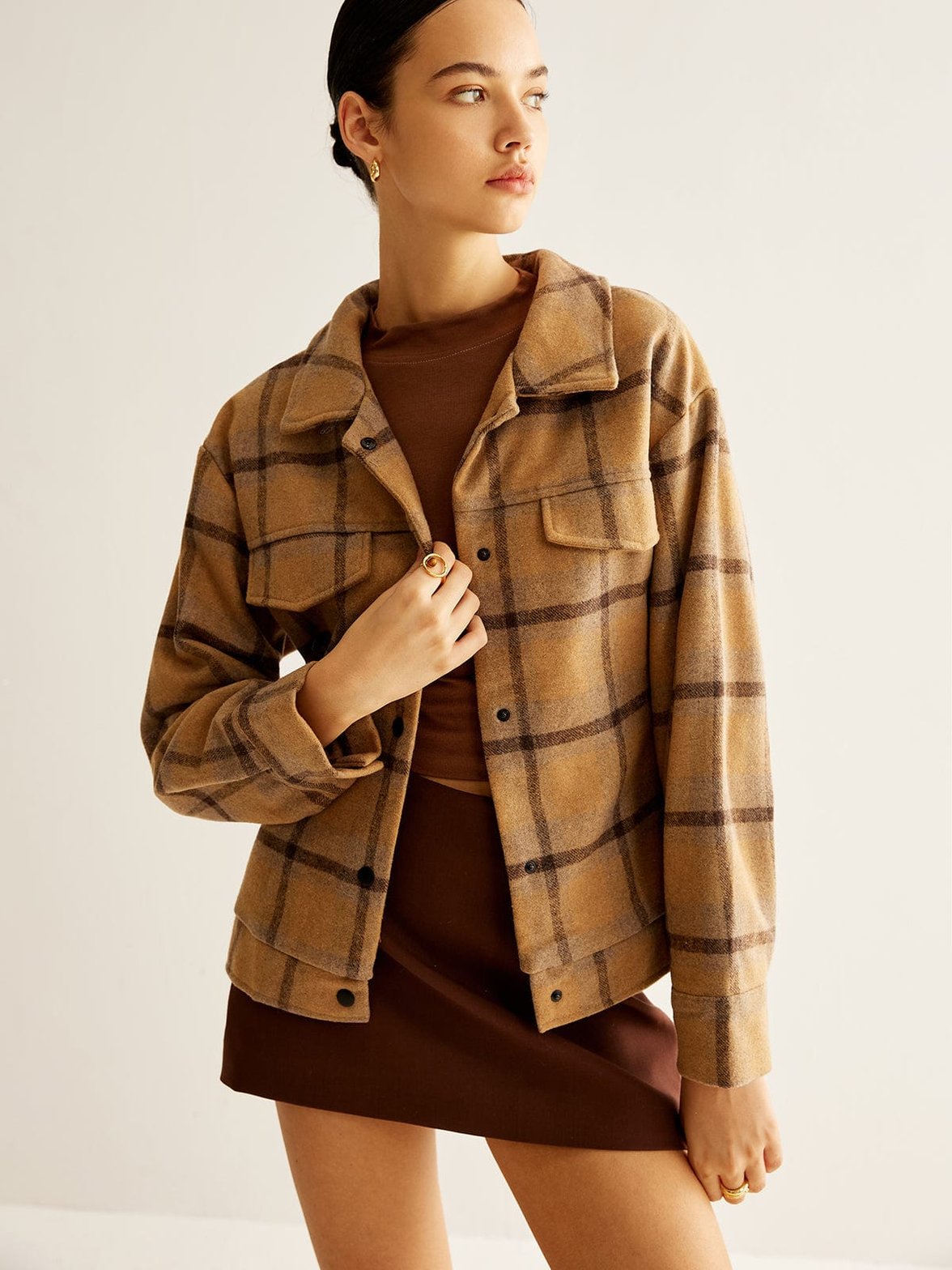 Veste à carreaux beige vue portée élégance