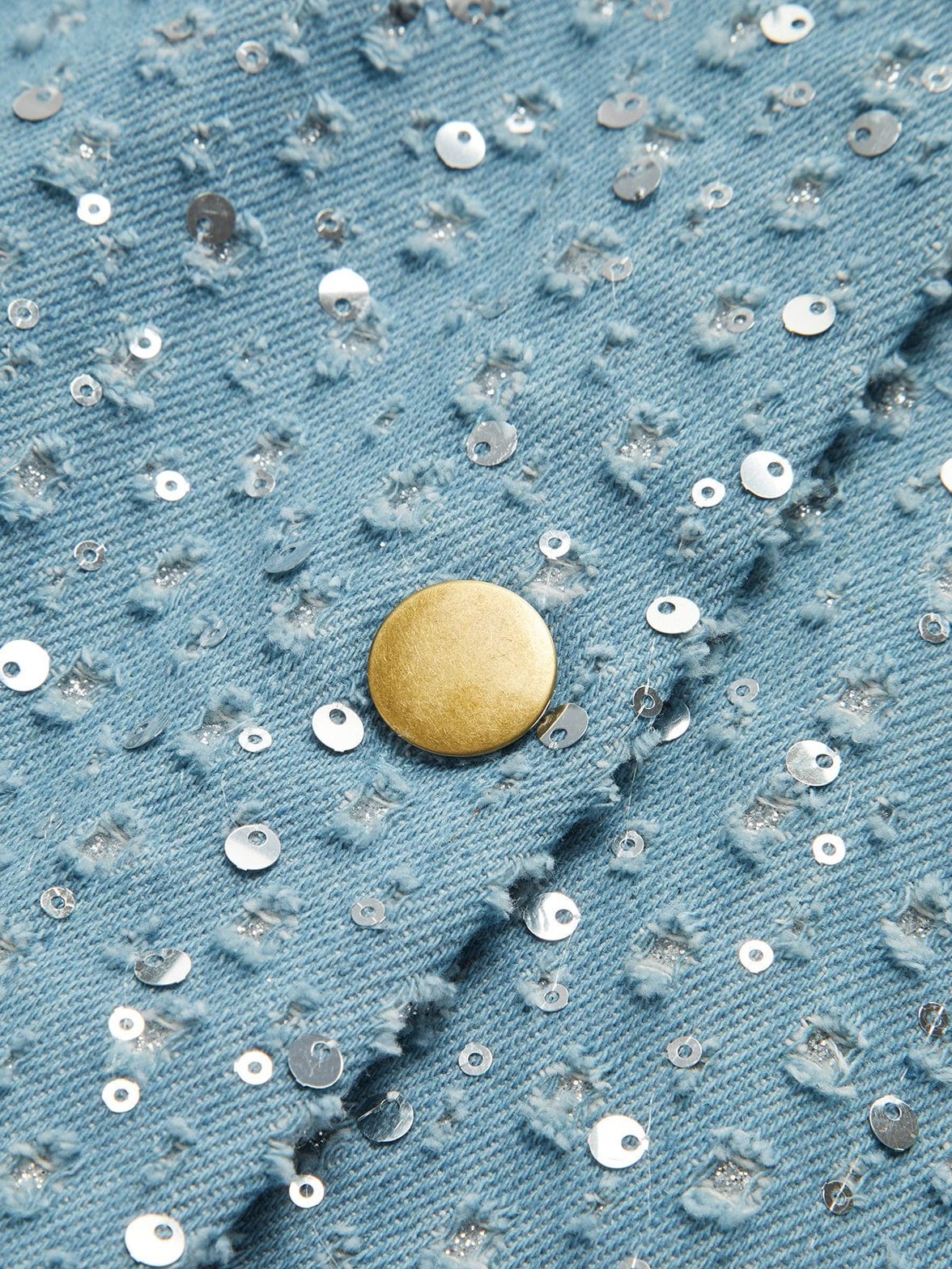 Veste denim pailletée bleue vue profil nuage