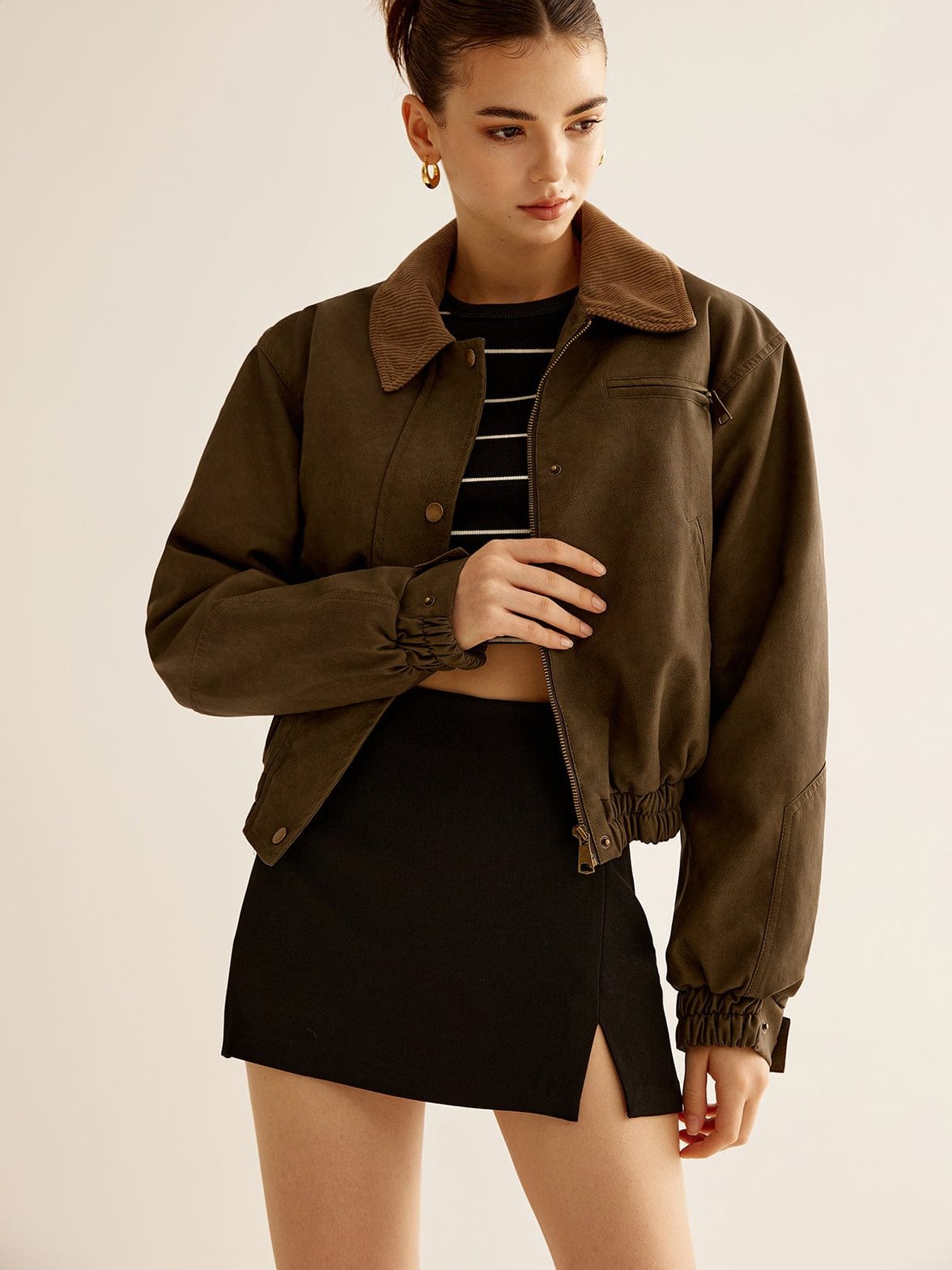 Veste courte en faux cuir marron velours doux