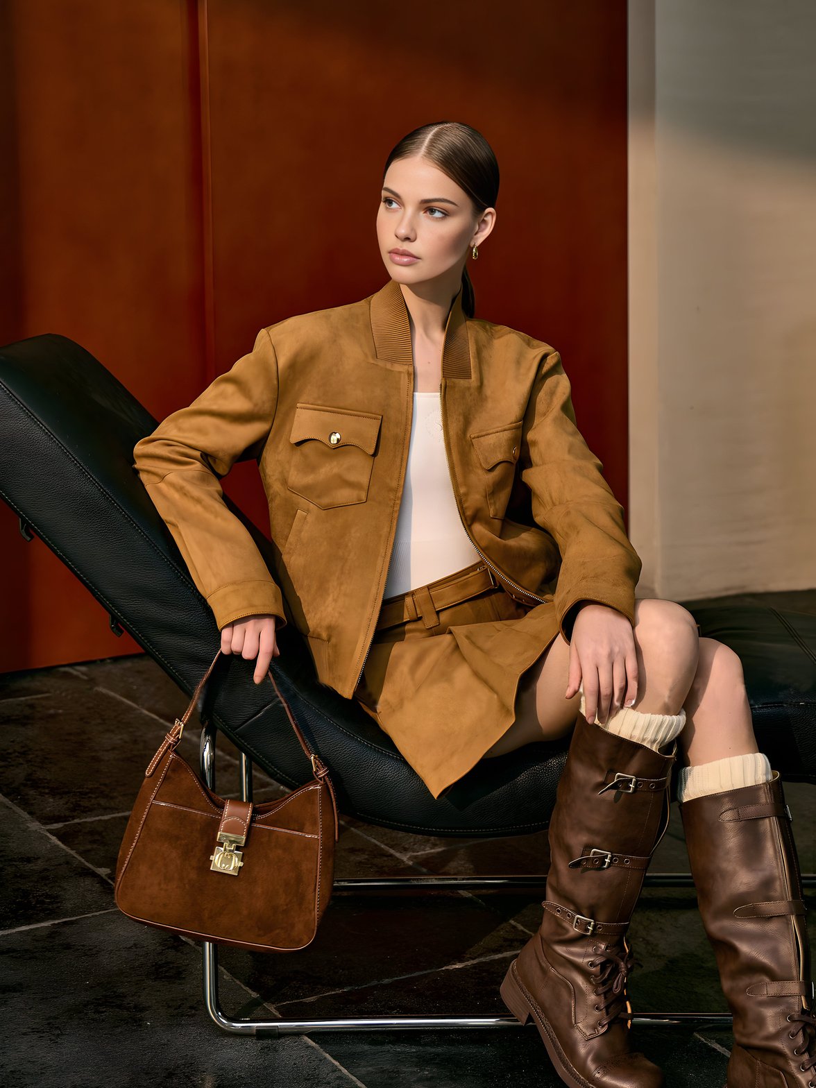 Veste courte en daim camel élégante harmonie