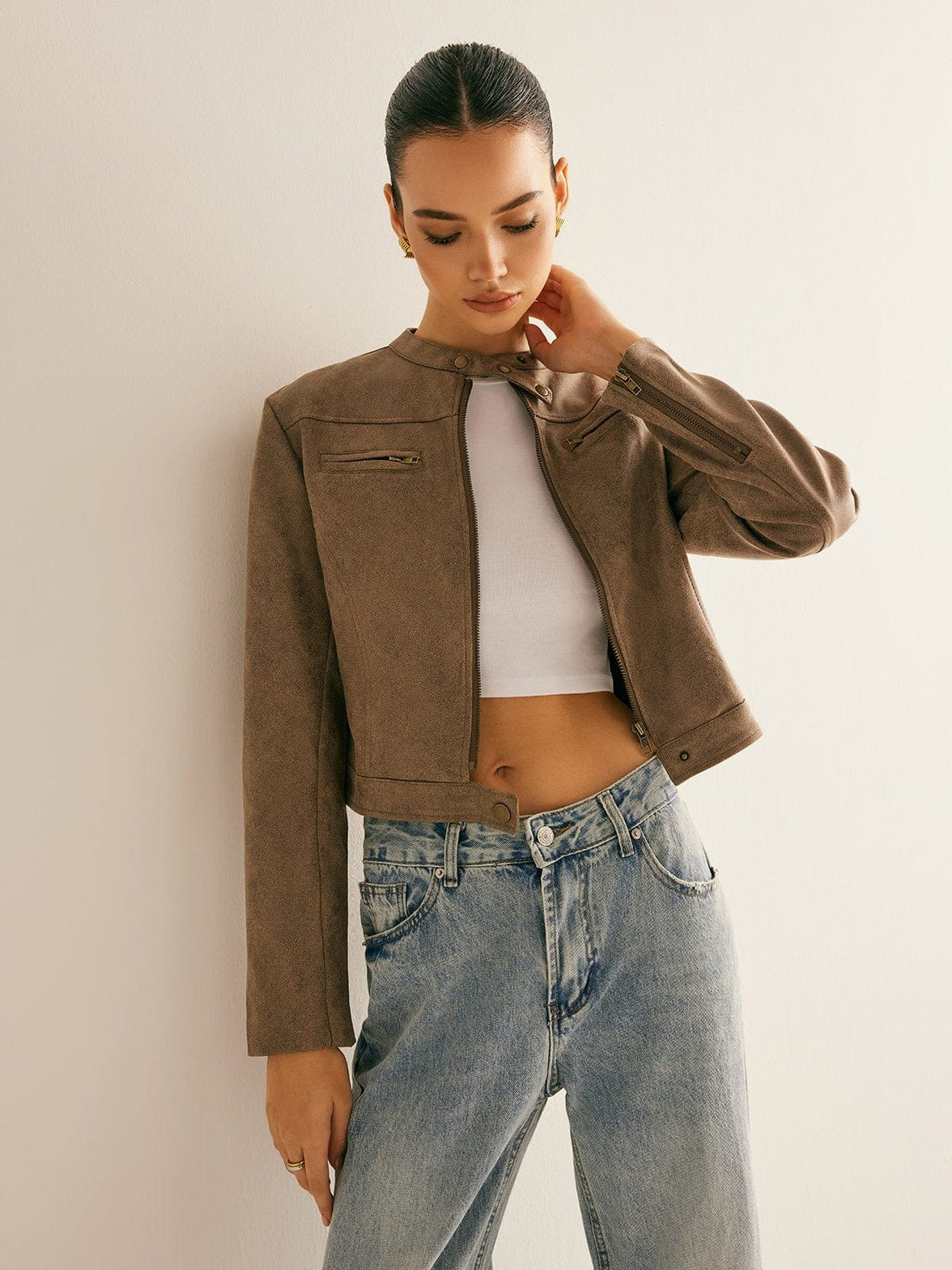 Veste courte camel détails poches mode
