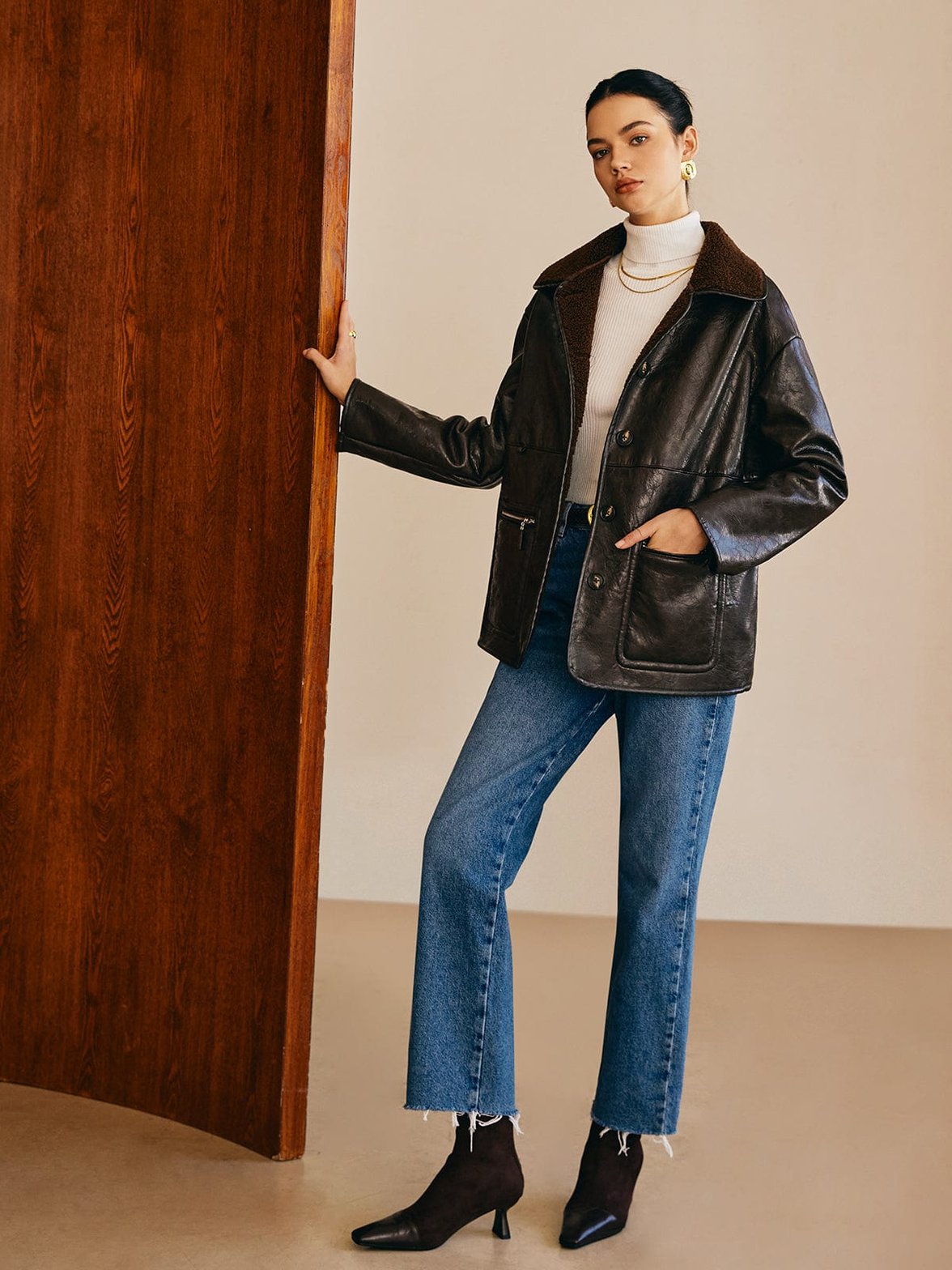 Veste en cuir doublée polaire détail manche confort