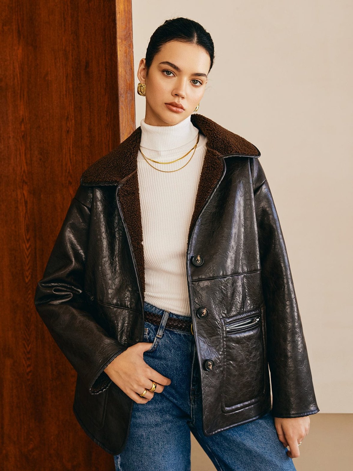 Veste en cuir doublée polaire vue de face harmonie