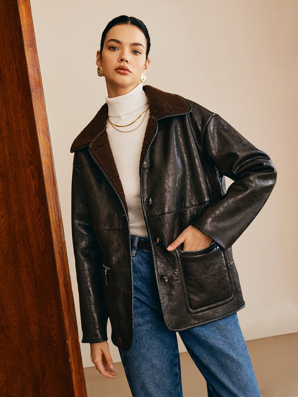 Veste en cuir doublée polaire vue portée style