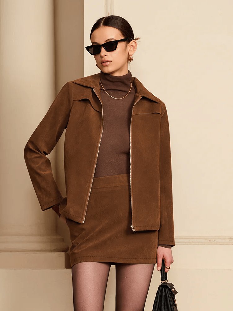 Veste daim marron élégante style