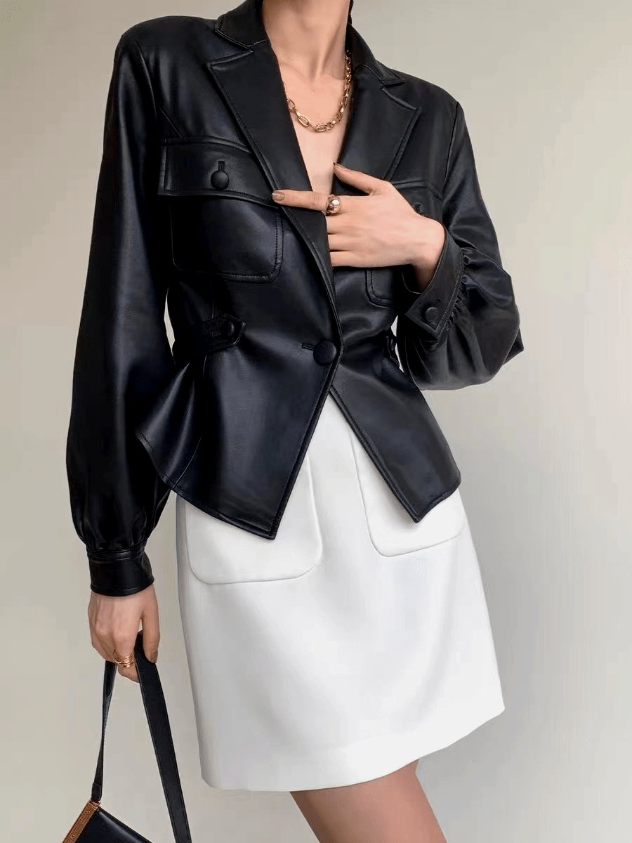 Veste simili-cuir noire élégante avec ceinture harmonie
