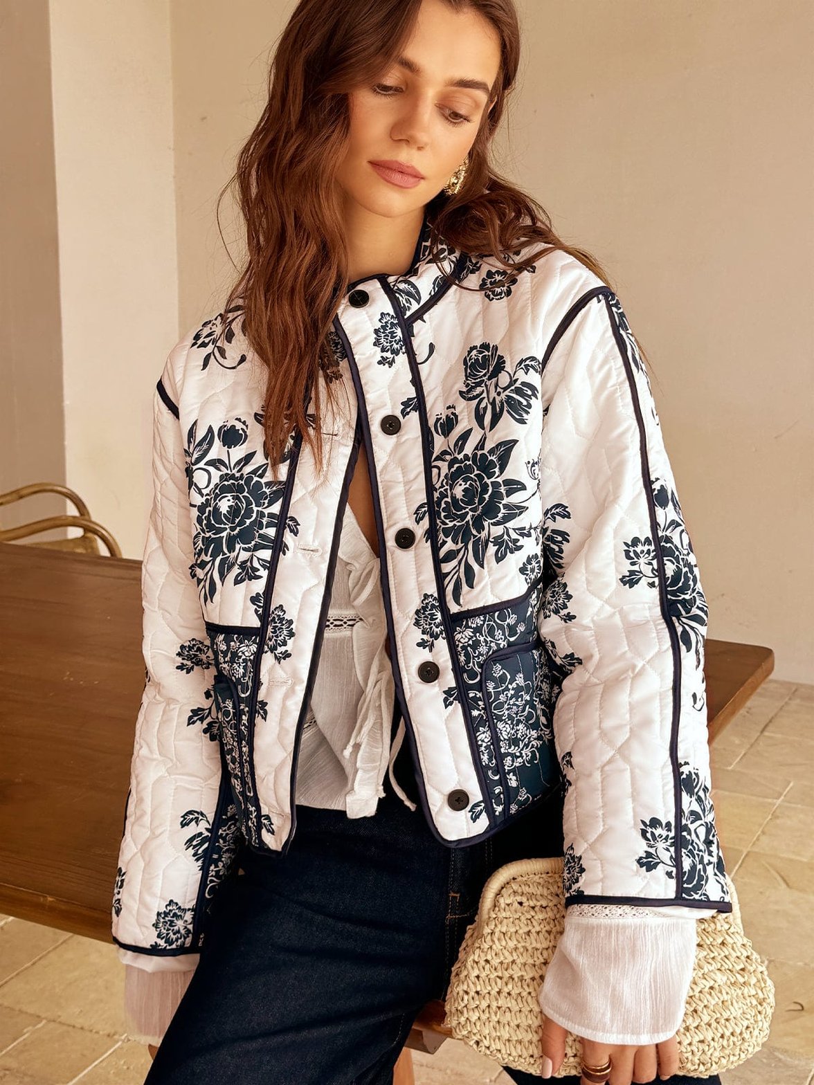 Veste matelassée motif floral blanc et noir harmony