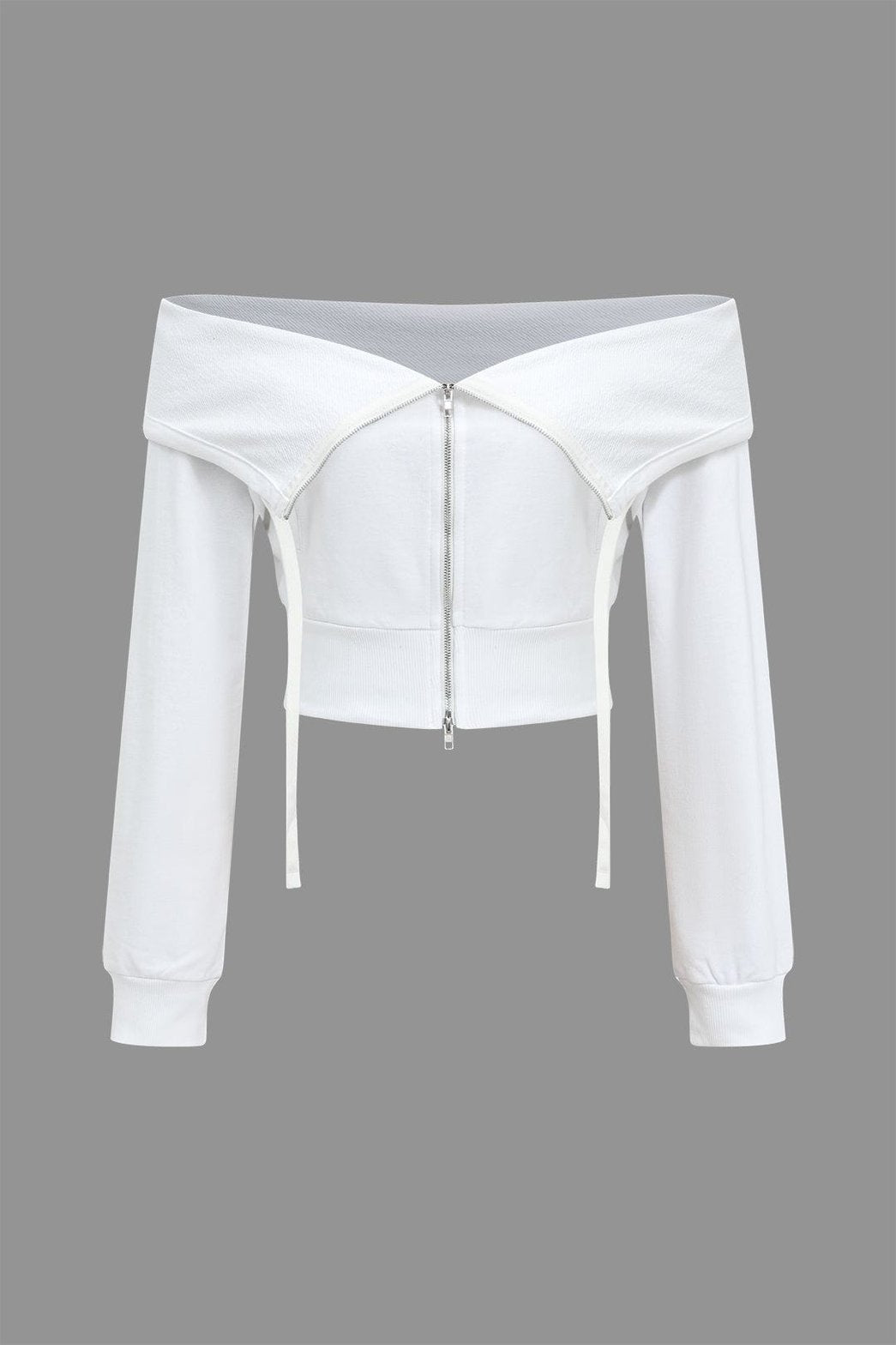Veste blanche épaules dénudées avec zip décoratif papillon