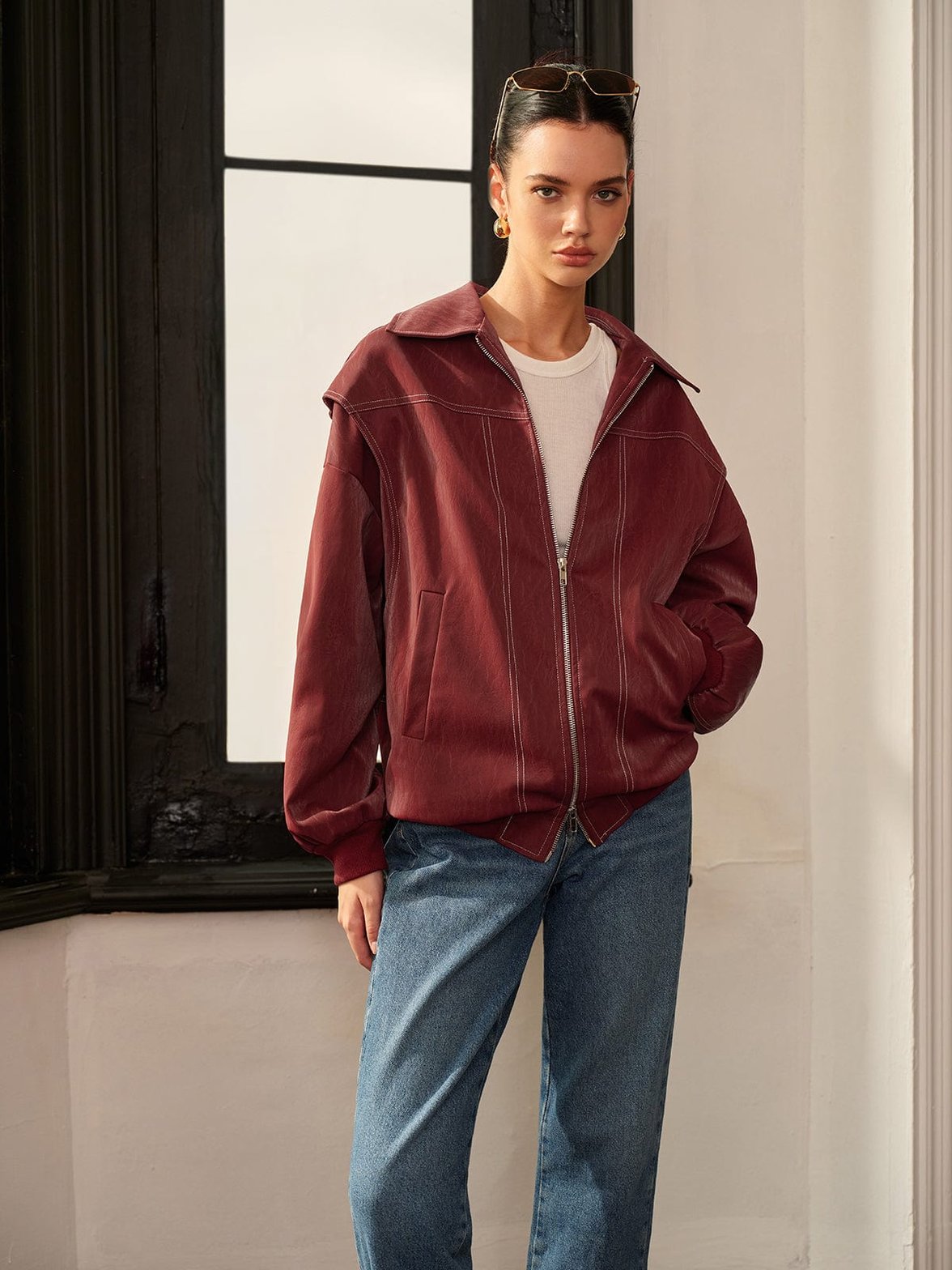 Veste biker bordeaux vue de profil liberté