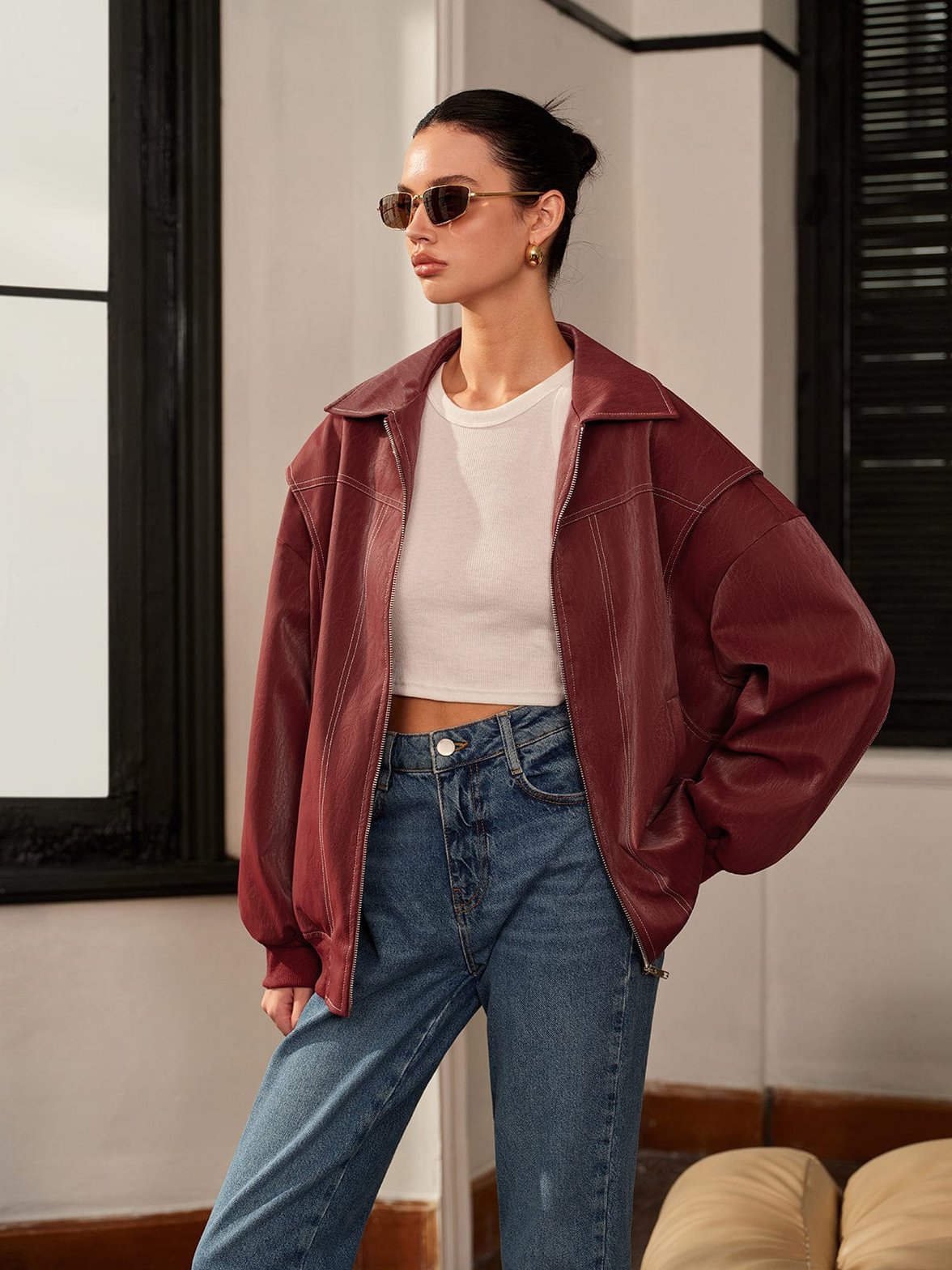 Veste biker bordeaux détail col style