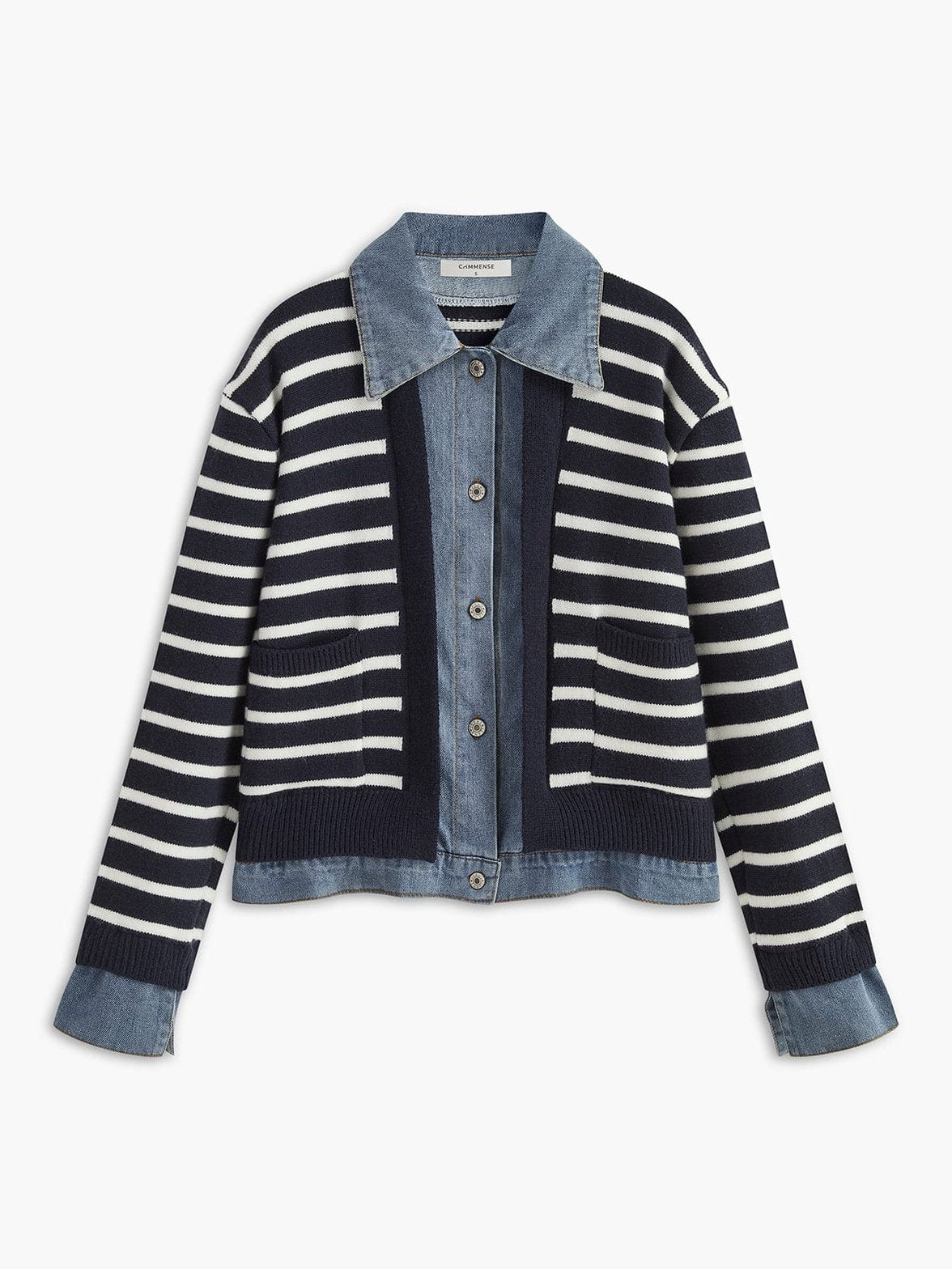 Veste tricotée rayée avec col chemise denim soleil