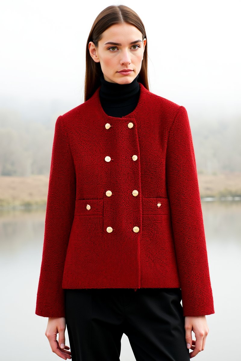 Veste tweed rouge élégante boutons dorés harmonie