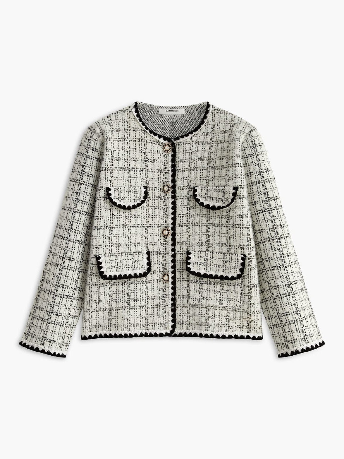 Veste tweed élégante à carreaux blanc et noir vue de face papillon