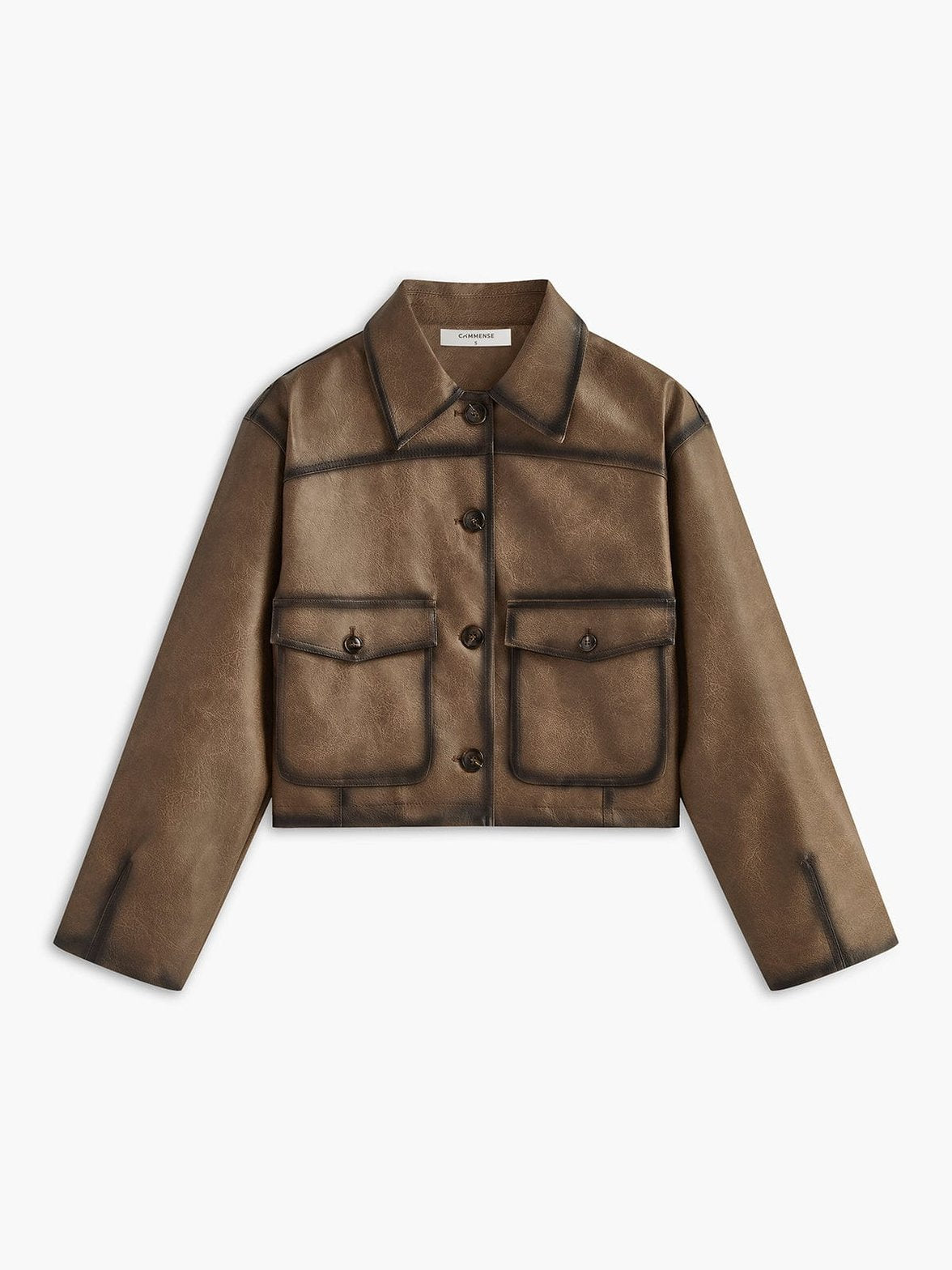 Veste vintage en simili cuir marron vue de face soleil