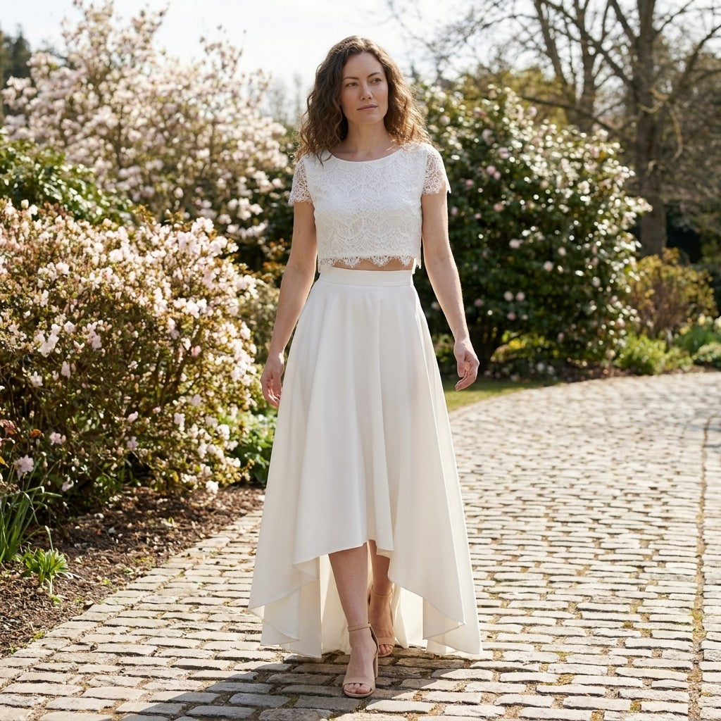 Robe de mariée deux-pièces en dentelle romantique avec jupe maxi fluide
