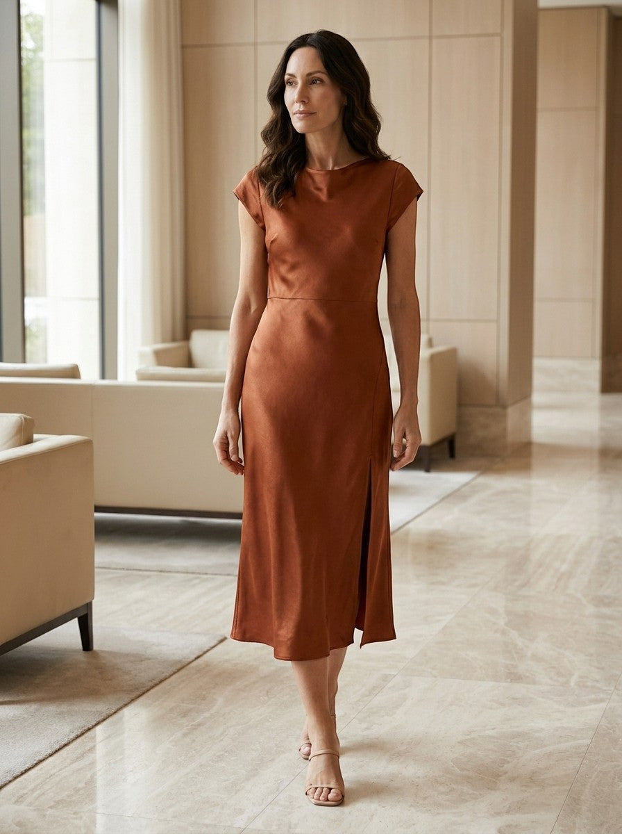 Robe midi en satin manches courtes detail dos noué soirée élégante