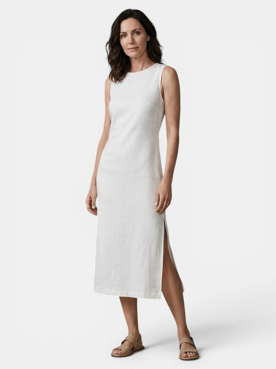 Robe midi col montant sans manches fente latérale femme sophistiquée