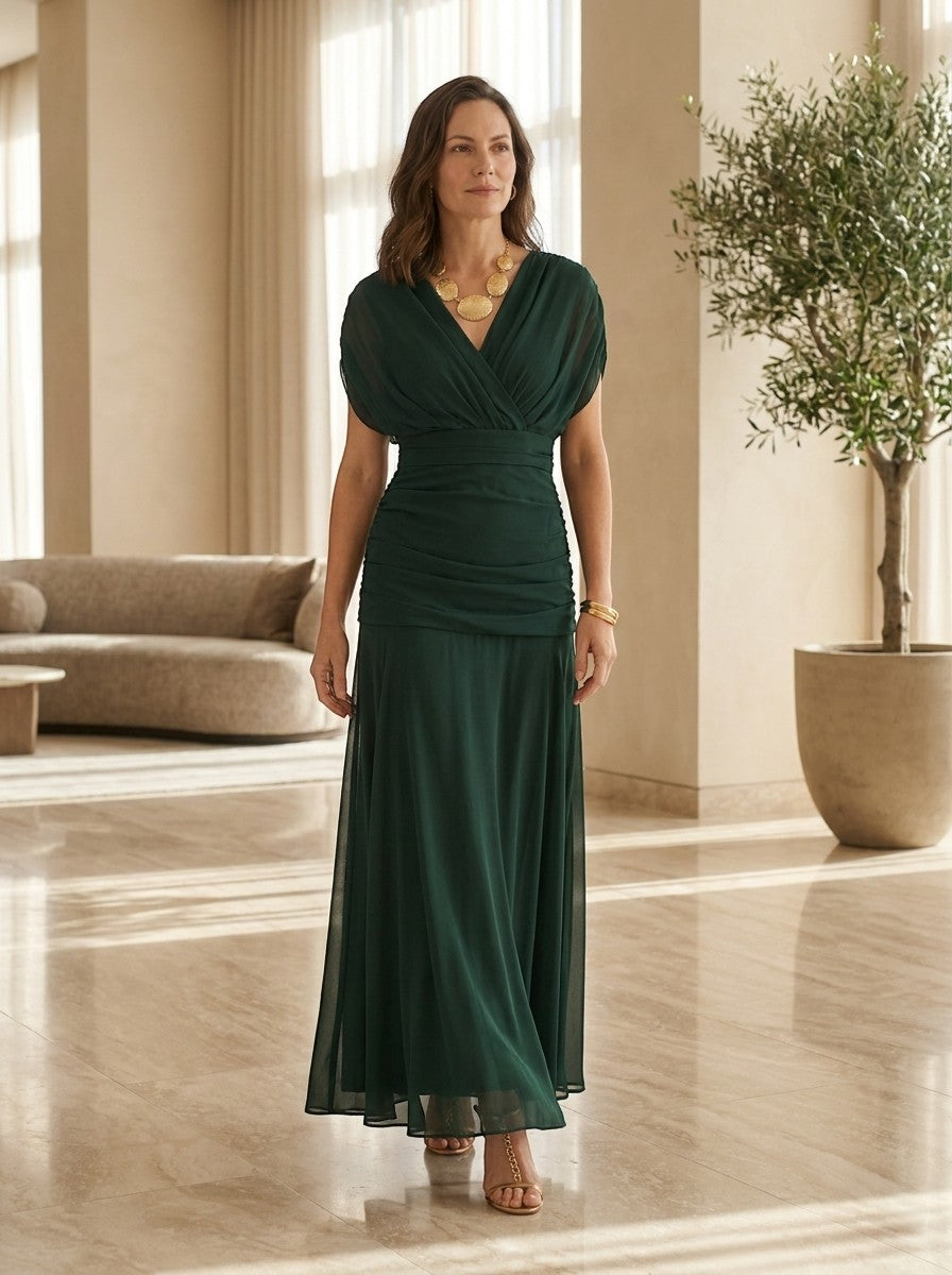 Robe maxi fluide col V manches courtes élégance soirée femme