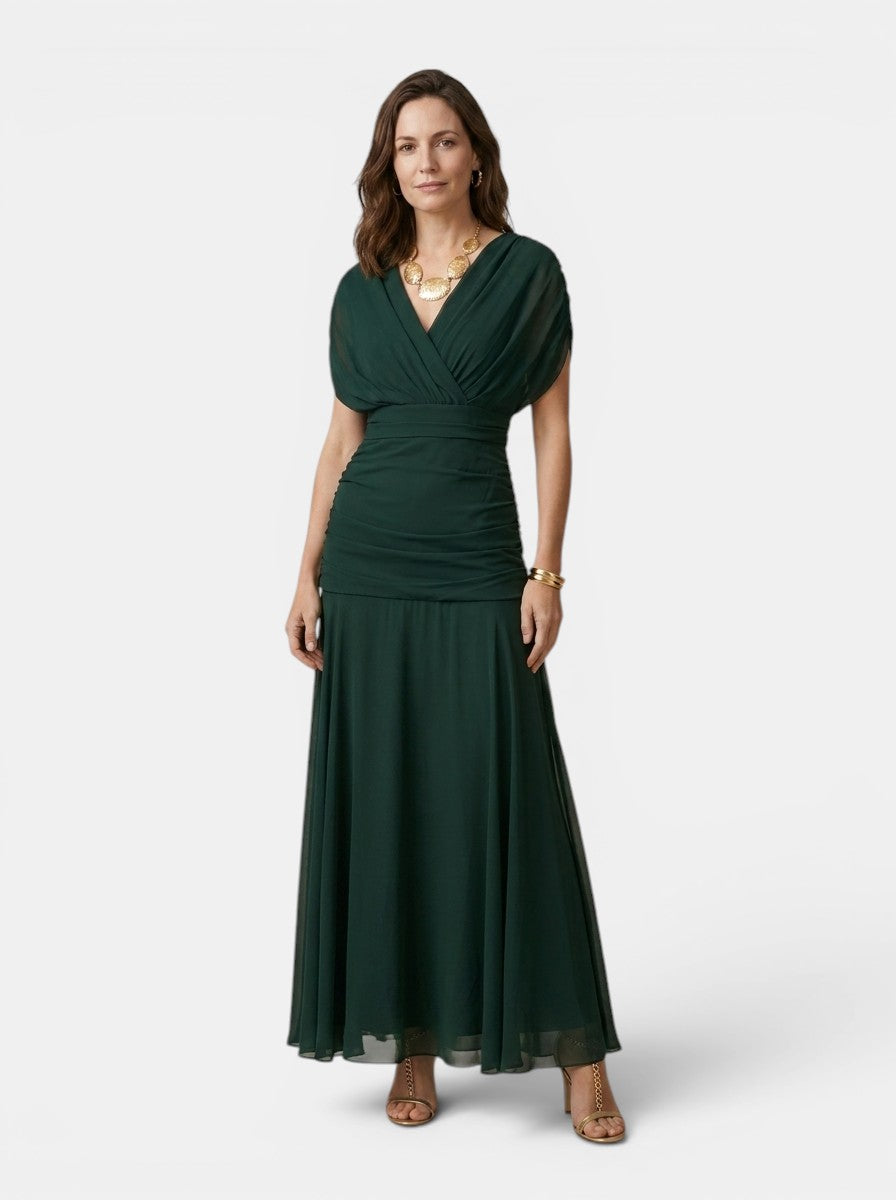 Robe maxi fluide col V manches courtes élégance soirée femme