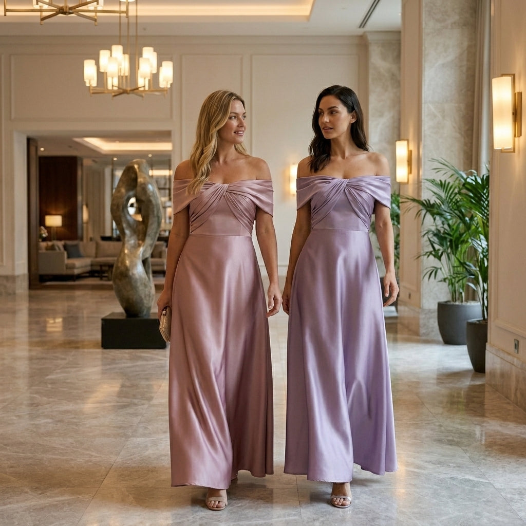 Robe maxi satinée épaule dénudée corsage plissé cérémonie élégante femme