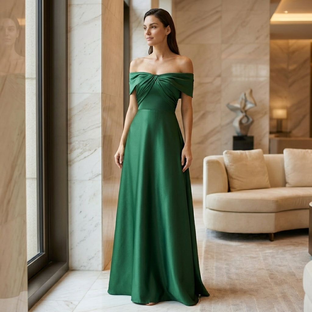 Robe maxi satinée épaule dénudée corsage plissé cérémonie élégante femme