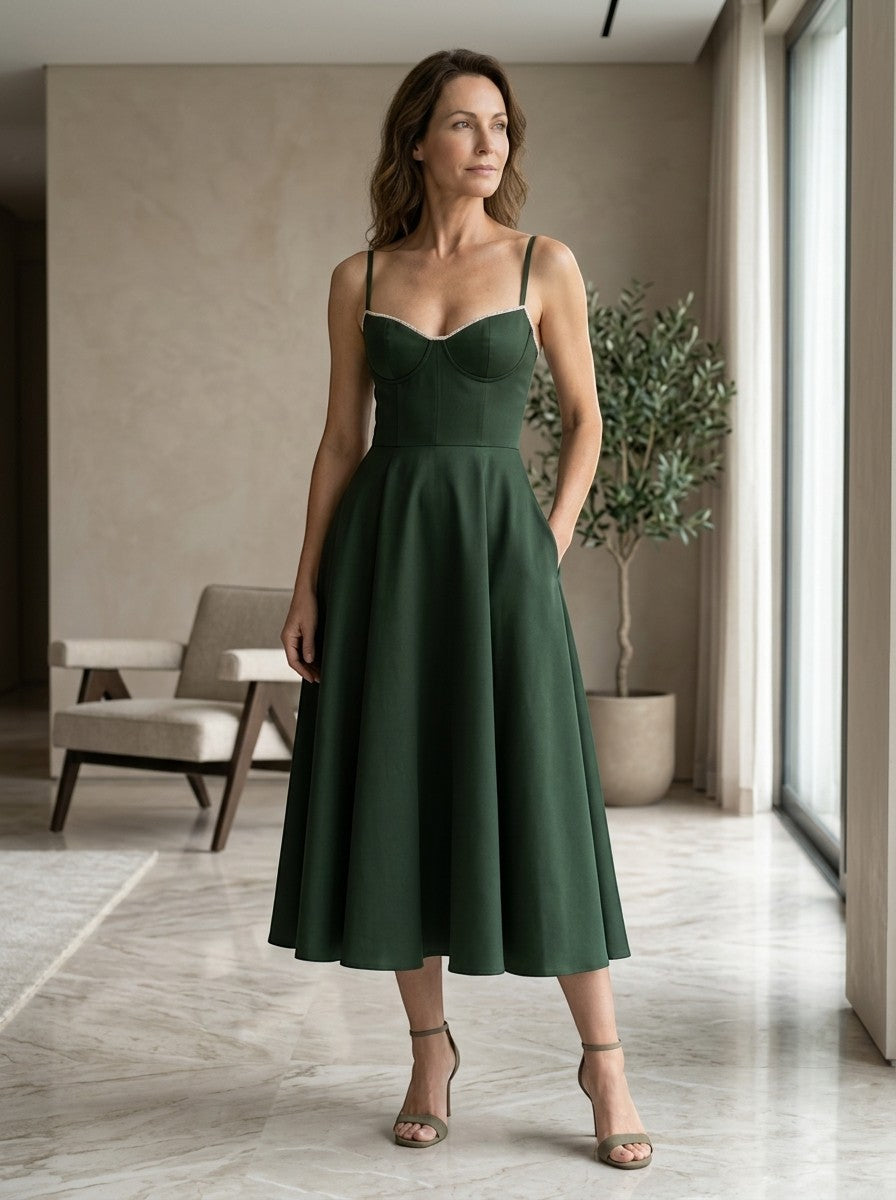 Robe midi corset structuré jupe évasée bretelles fines élégante femme