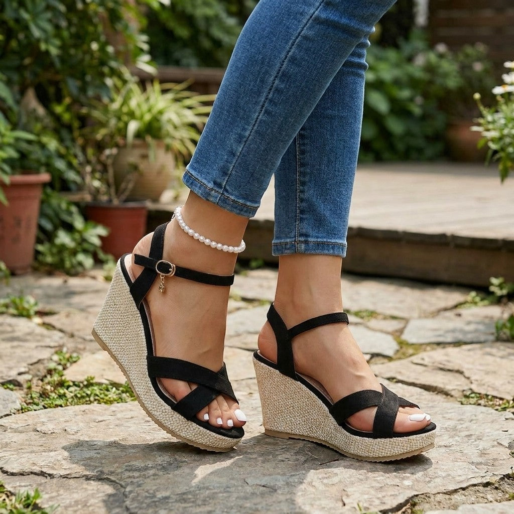 Sandales compensées noires femme tige synthétique talon 7,6 cm élégantes