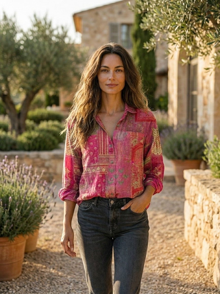 Blouse à motif vintage femme fluide coupe ample manches évasées