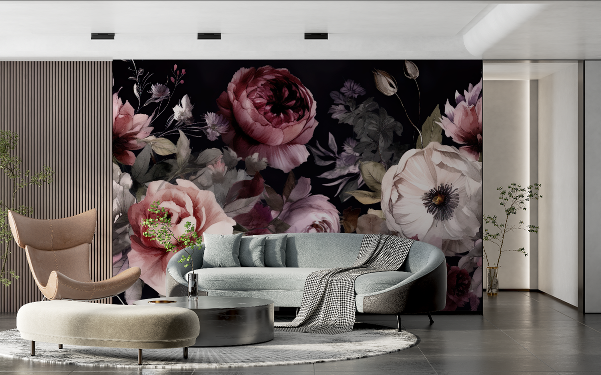 Papier Peint Grosses Fleurs Fond Noir