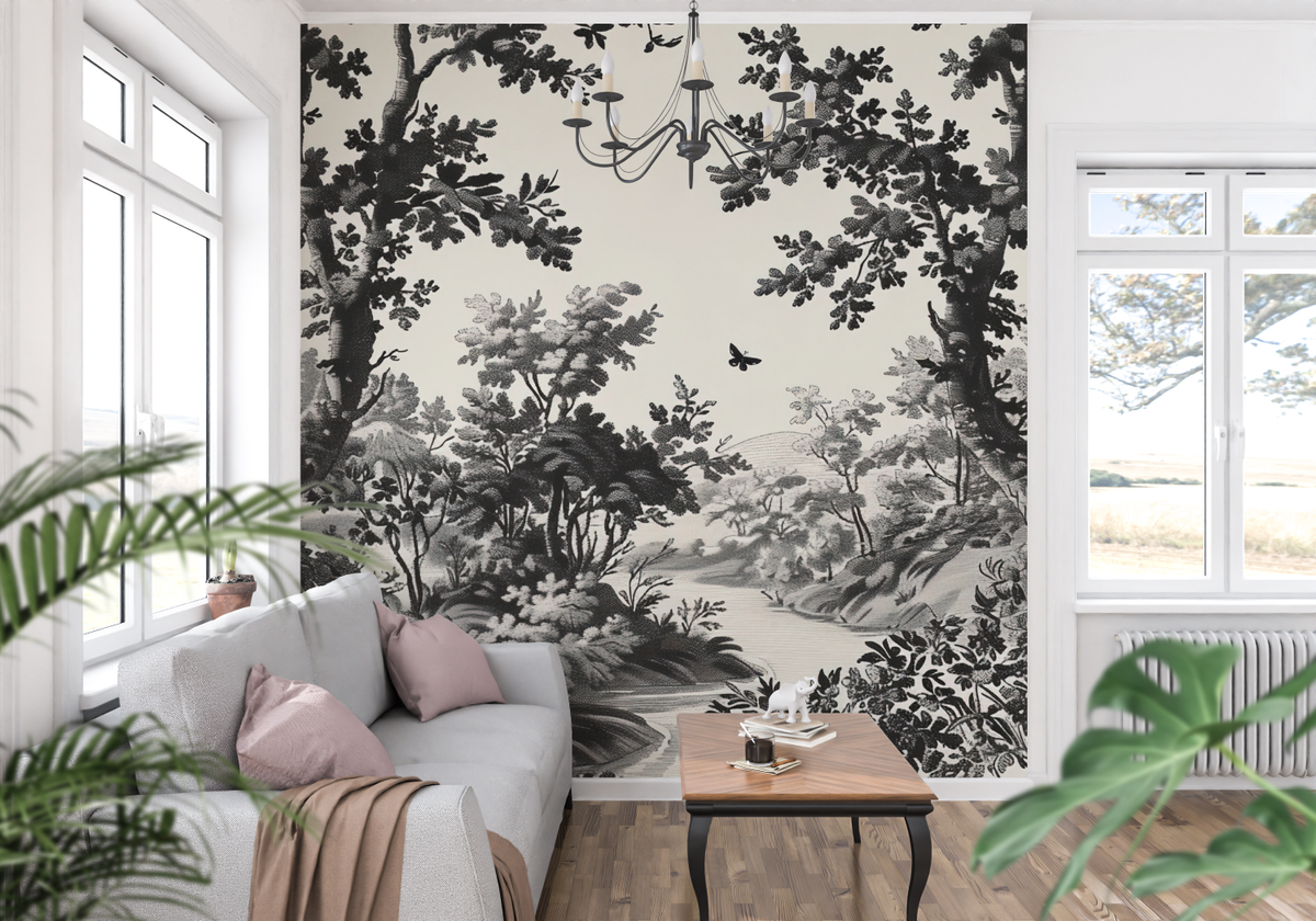 Papier Peint Toile De Jouy Paysage Noir Blanc