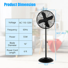 Ventilateur sur Pied Oscillant 16 Pouces - Hauteur Réglable et 3 Vitesses