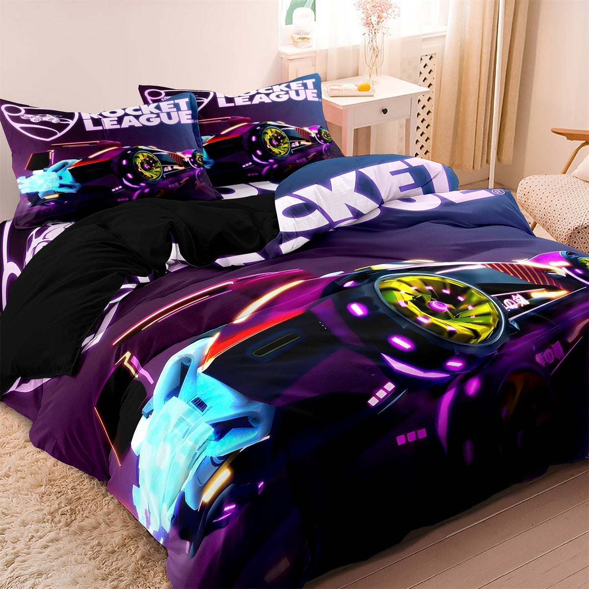Literie de Course pour Enfant - Design Vibrant avec Voitures et Fusées