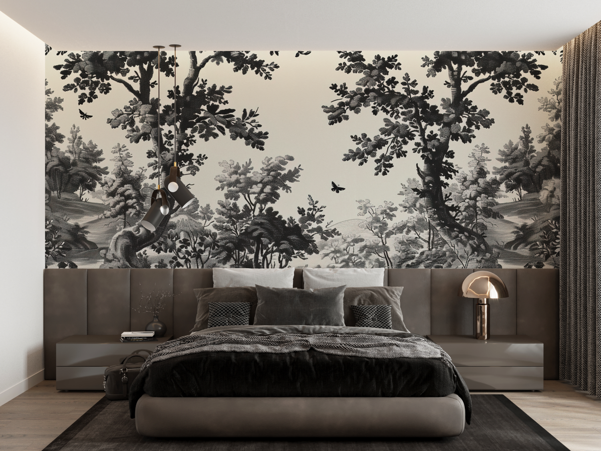 Papier Peint Toile De Jouy Paysage Noir Blanc