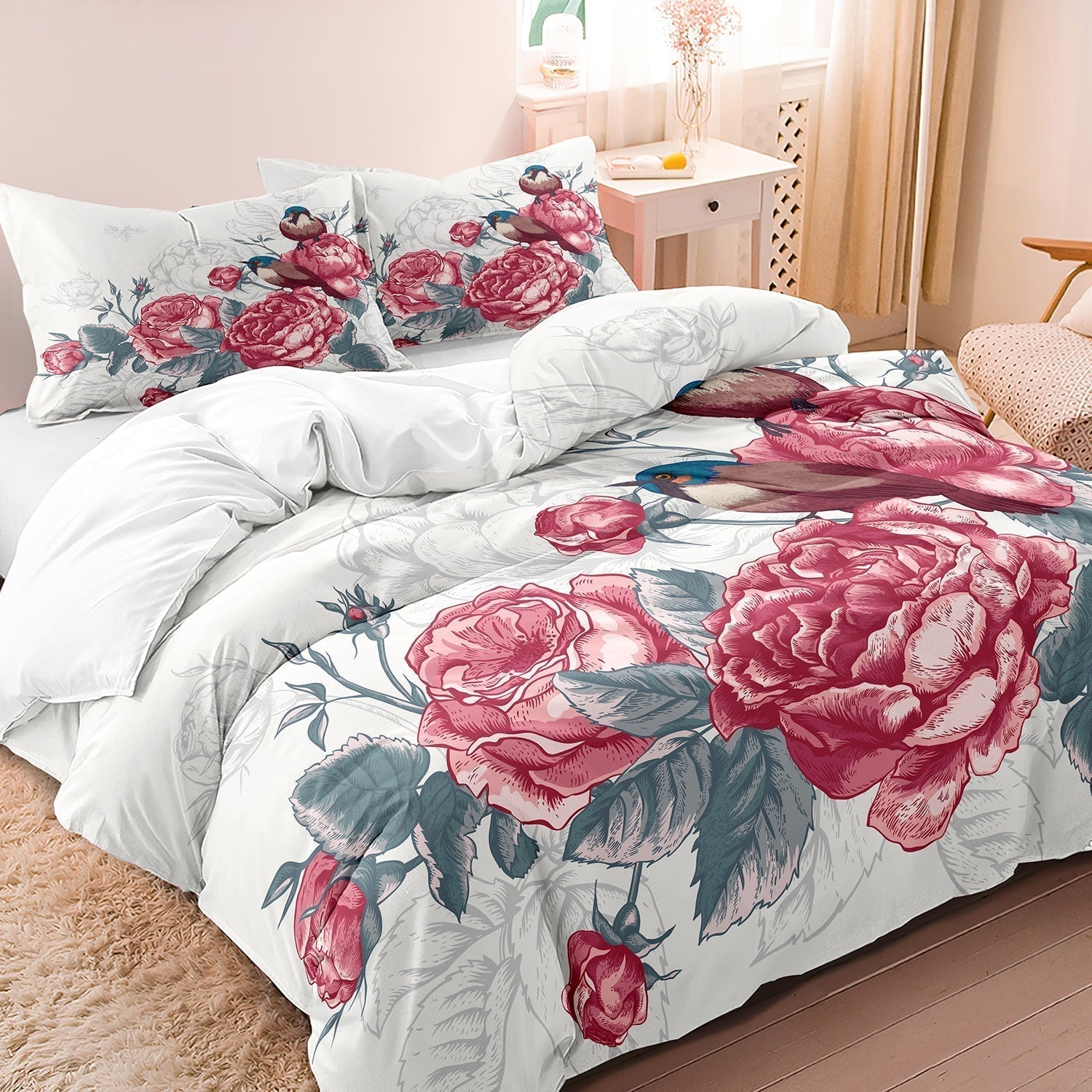 Linge de Lit Floral avec Oiseaux - Douceur et Élégance Naturelle
