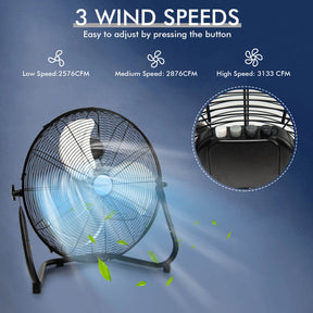 Ventilateur de Sol Haute Vitesse 20 Pouces - Design Métallique Durable avec 3 Vitesses
