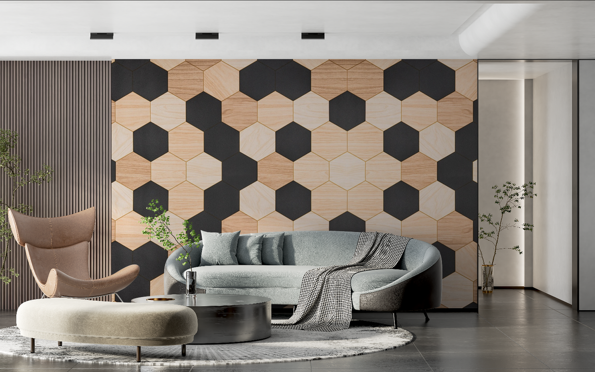 Papier Peint Hexagone Noir Et Bois