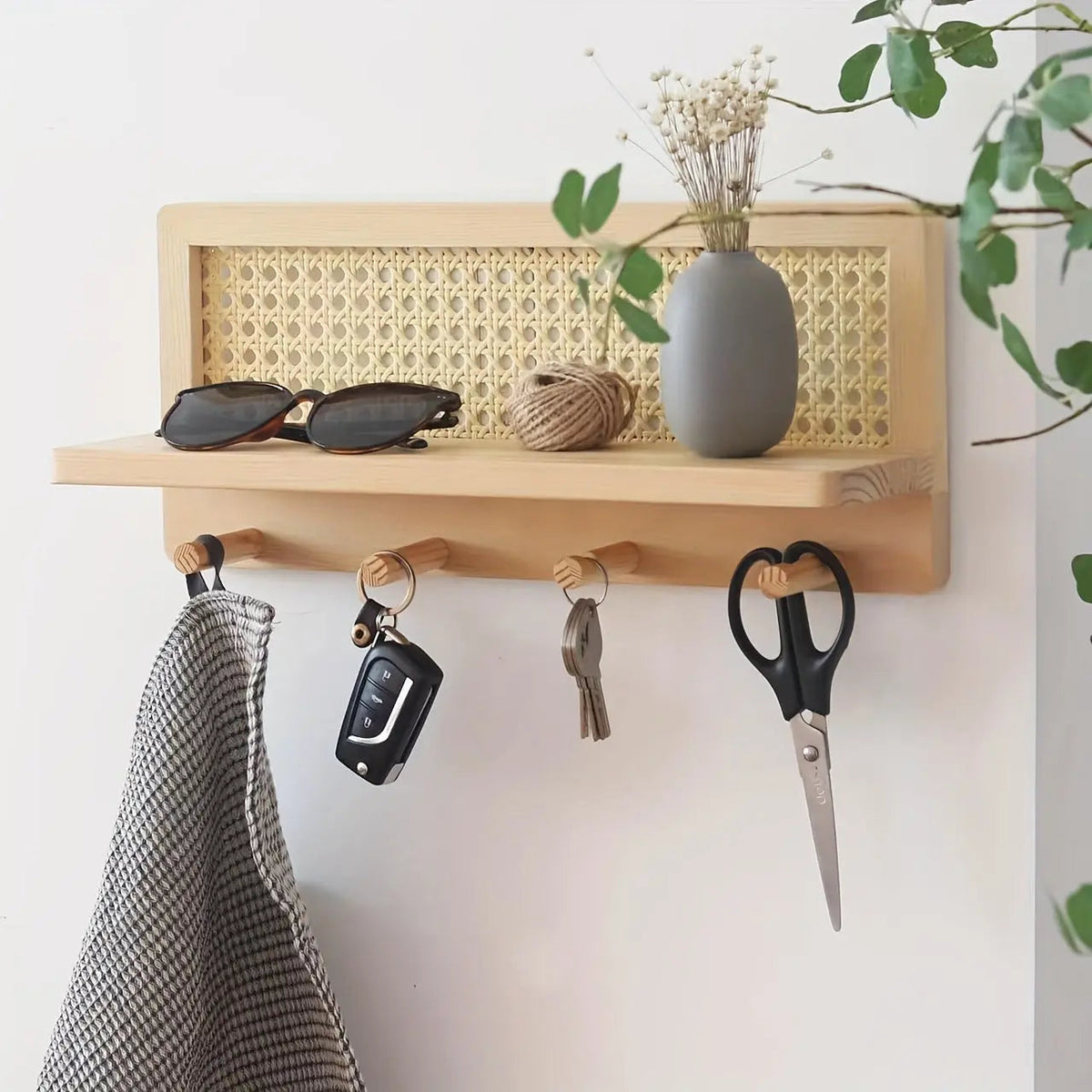 Étagère Murale en Bois avec Crochets - Organisateur Élégant pour Hall et Bureau