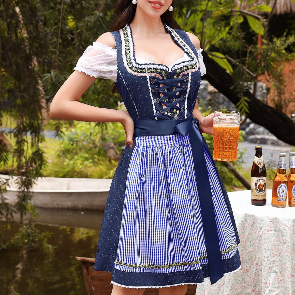 Dirndl Traditionnel Bleu pour Oktoberfest - Ensemble 3 Pièces avec Tablier et Blouse