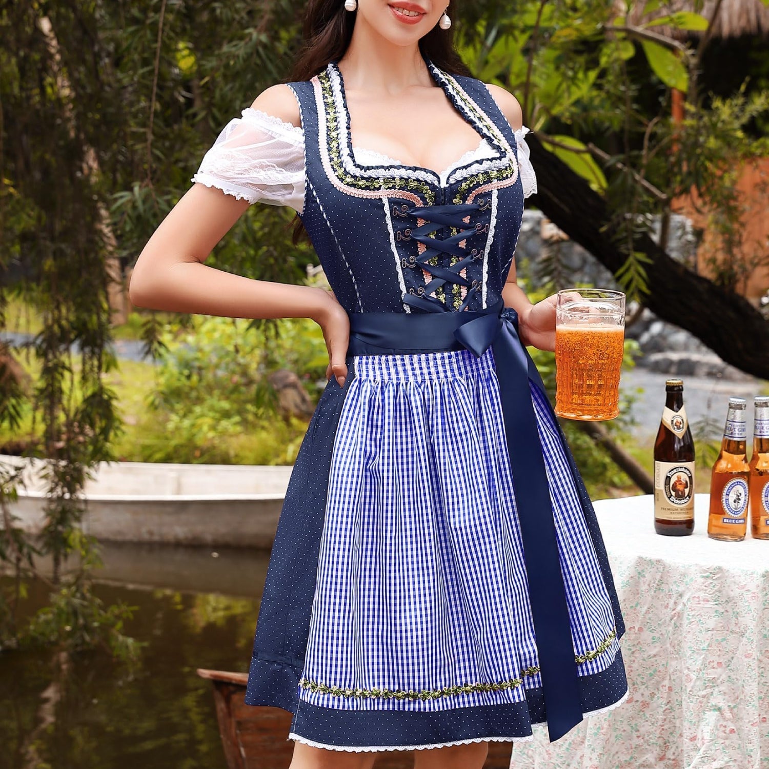 Dirndl Traditionnel Bleu pour Oktoberfest - Ensemble 3 Pièces avec Tablier et Blouse