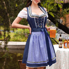 Dirndl Traditionnel Bleu pour Oktoberfest - Ensemble 3 Pièces avec Tablier et Blouse