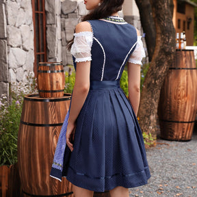 Dirndl Traditionnel Bleu pour Oktoberfest - Ensemble 3 Pièces avec Tablier et Blouse