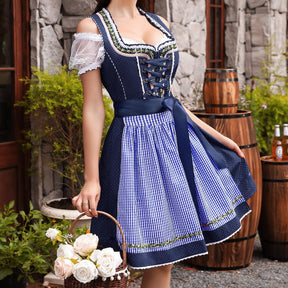 Dirndl Traditionnel Bleu pour Oktoberfest - Ensemble 3 Pièces avec Tablier et Blouse