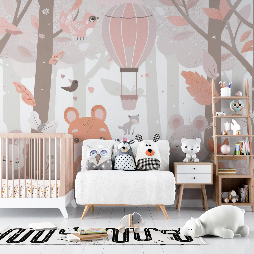 Papier peint bébé Amis de la forêt rose