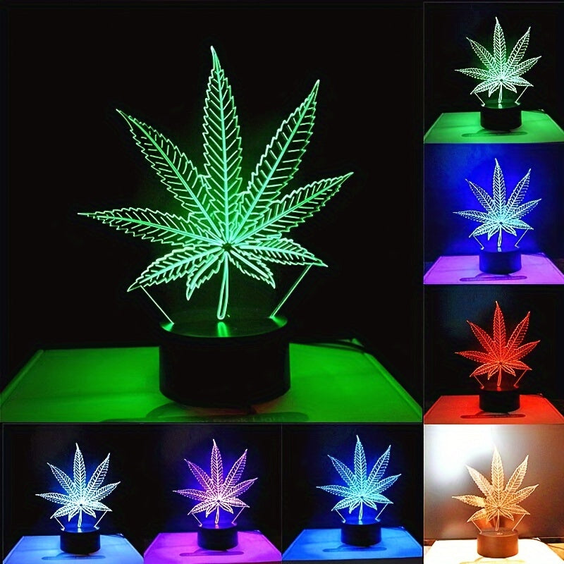 Lampe de Nuit 3D Feuille de Chanvre - Illusion d'Optique et 16 Couleurs
