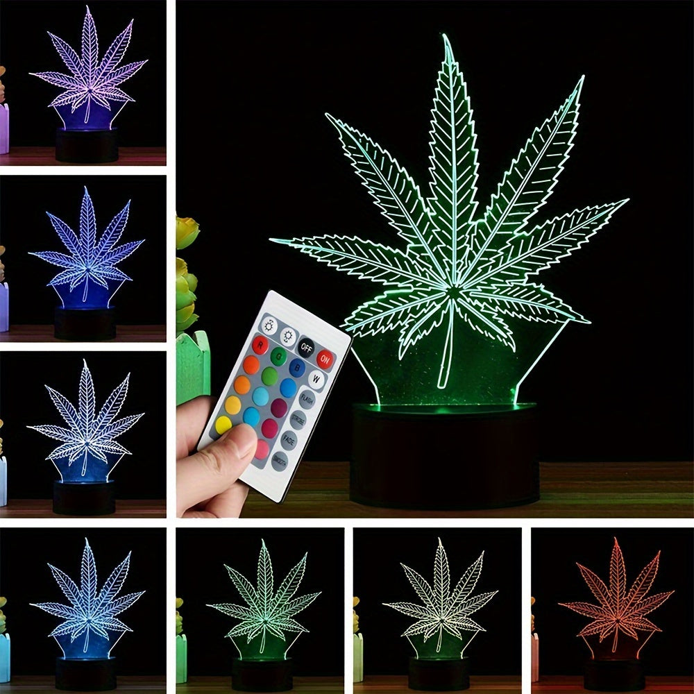 Lampe de Nuit 3D Feuille de Chanvre - Illusion d'Optique et 16 Couleurs