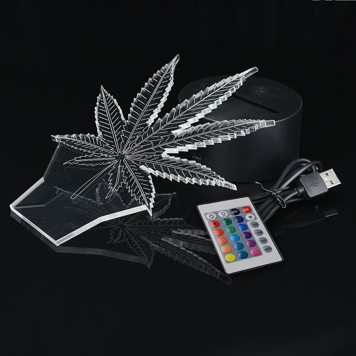 Lampe de Nuit 3D Feuille de Chanvre - Illusion d'Optique et 16 Couleurs