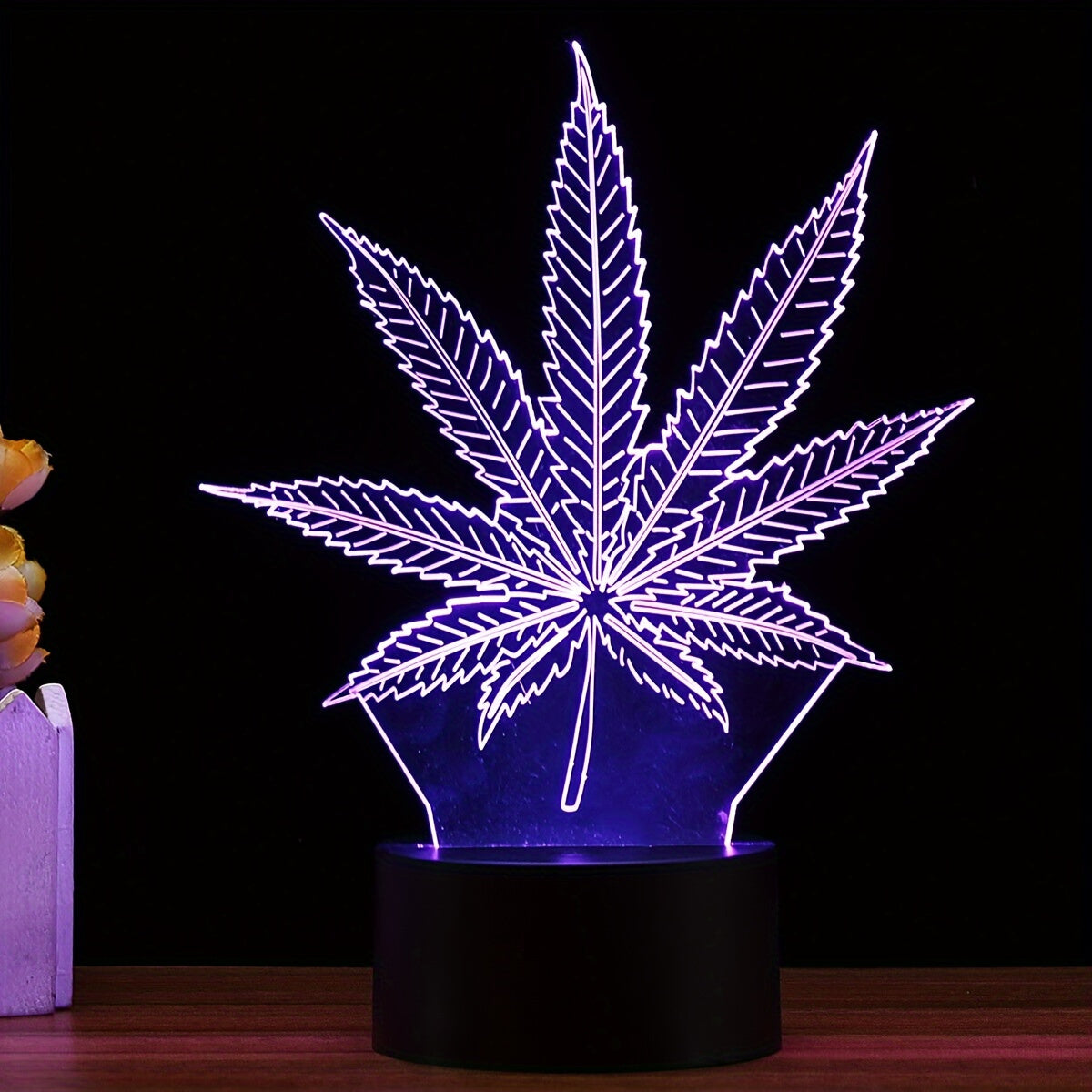 Lampe de Nuit 3D Feuille de Chanvre - Illusion d'Optique et 16 Couleurs