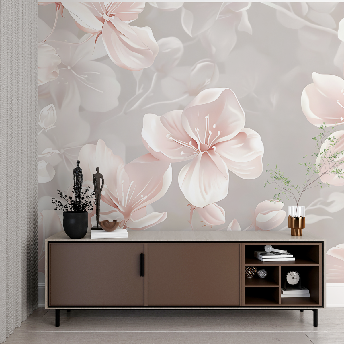 Papier Peint Fleur Rose Et Gris