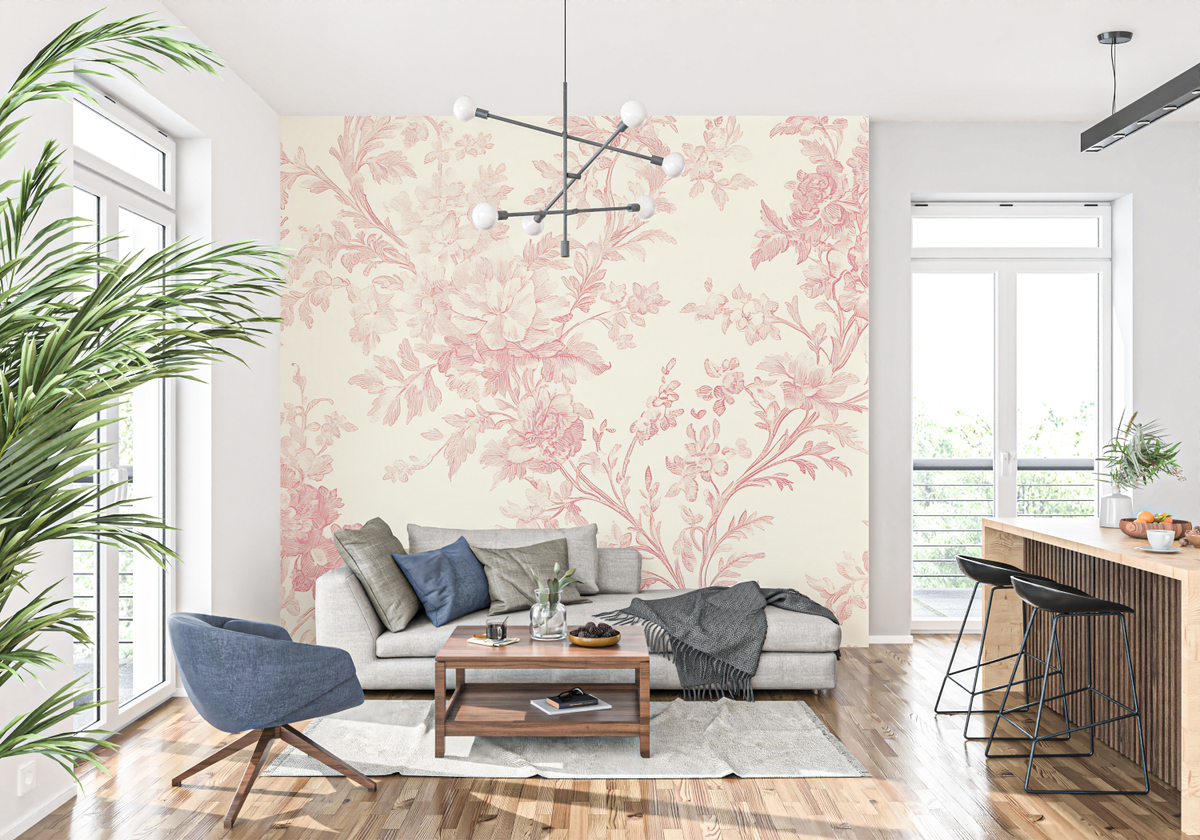 Papier Peint Imitation Toile De Jouy Rose