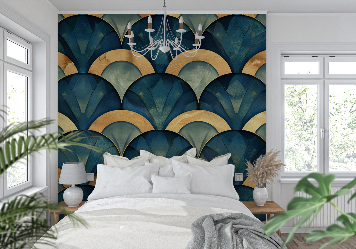 Papier Peint Art Déco Eventail Bleu Doré